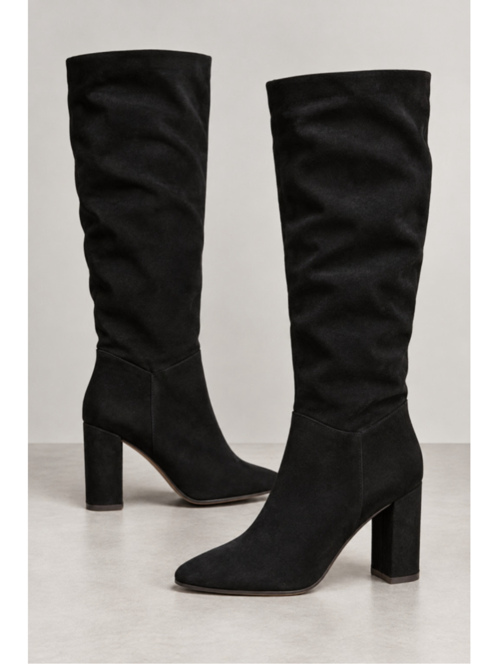 Express Black Faux Suede Knee High Boots Size 7 Square Toe Block Heel NWT